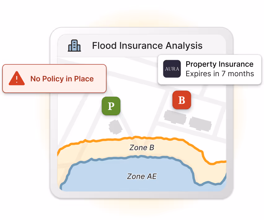Flood insurance analysis map overlaying property locations with flood zones to identify missing policies and portfolio risks.