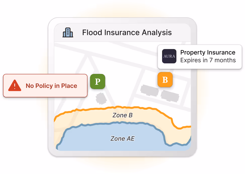 Flood insurance analysis map overlaying property locations with flood zones to identify missing policies and portfolio risks.