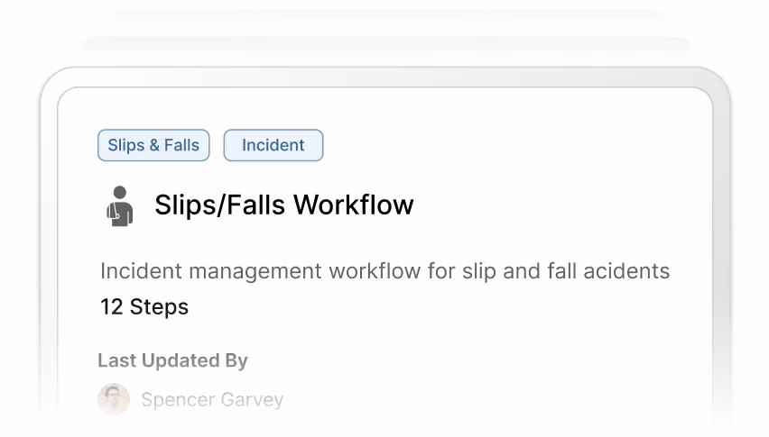Slips and falls incident management workflow interface showing 12 standardized steps for proactive risk intelligence.