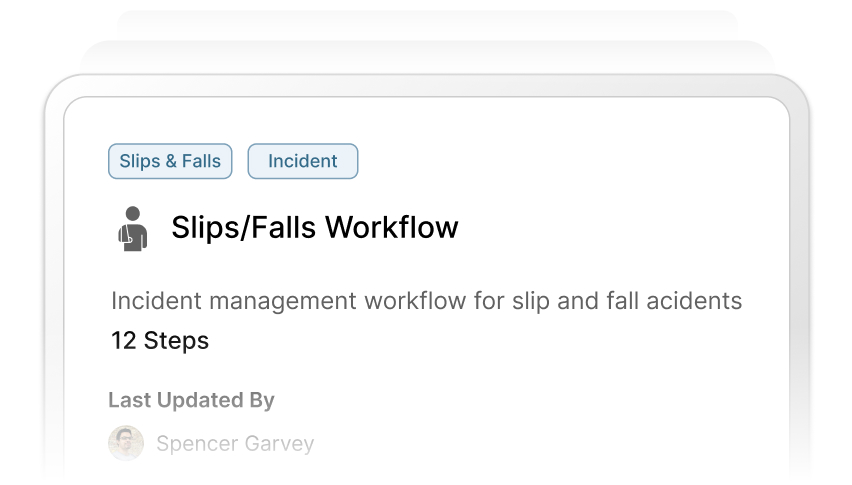 Slips and falls incident management workflow interface showing 12 standardized steps for proactive risk intelligence.