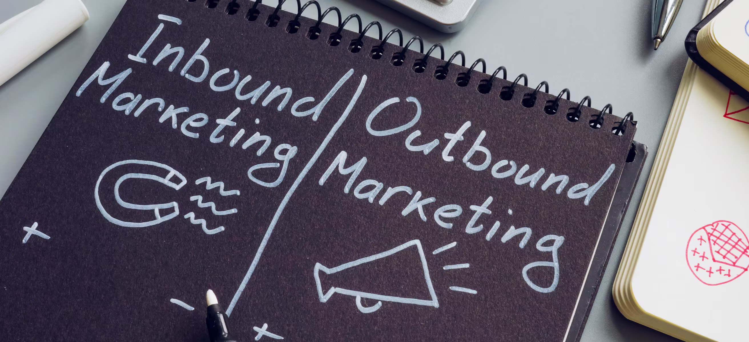 Notatnik z podziałem na inbound marketing i outbound marketing – różnice w strategiach pozyskiwania klientów