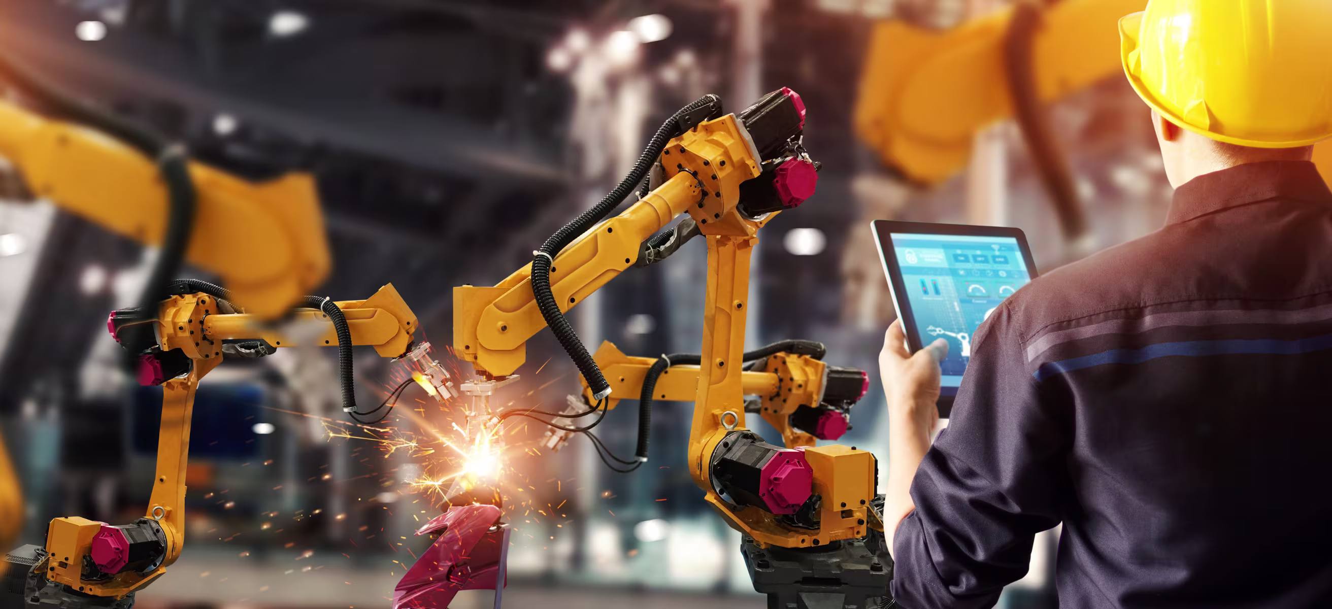 Engineer check and control welding robotics automatic arms machine in intelligent factory automotive industrial with monitoring system software. Digital manufacturing operation. Industry 4.0