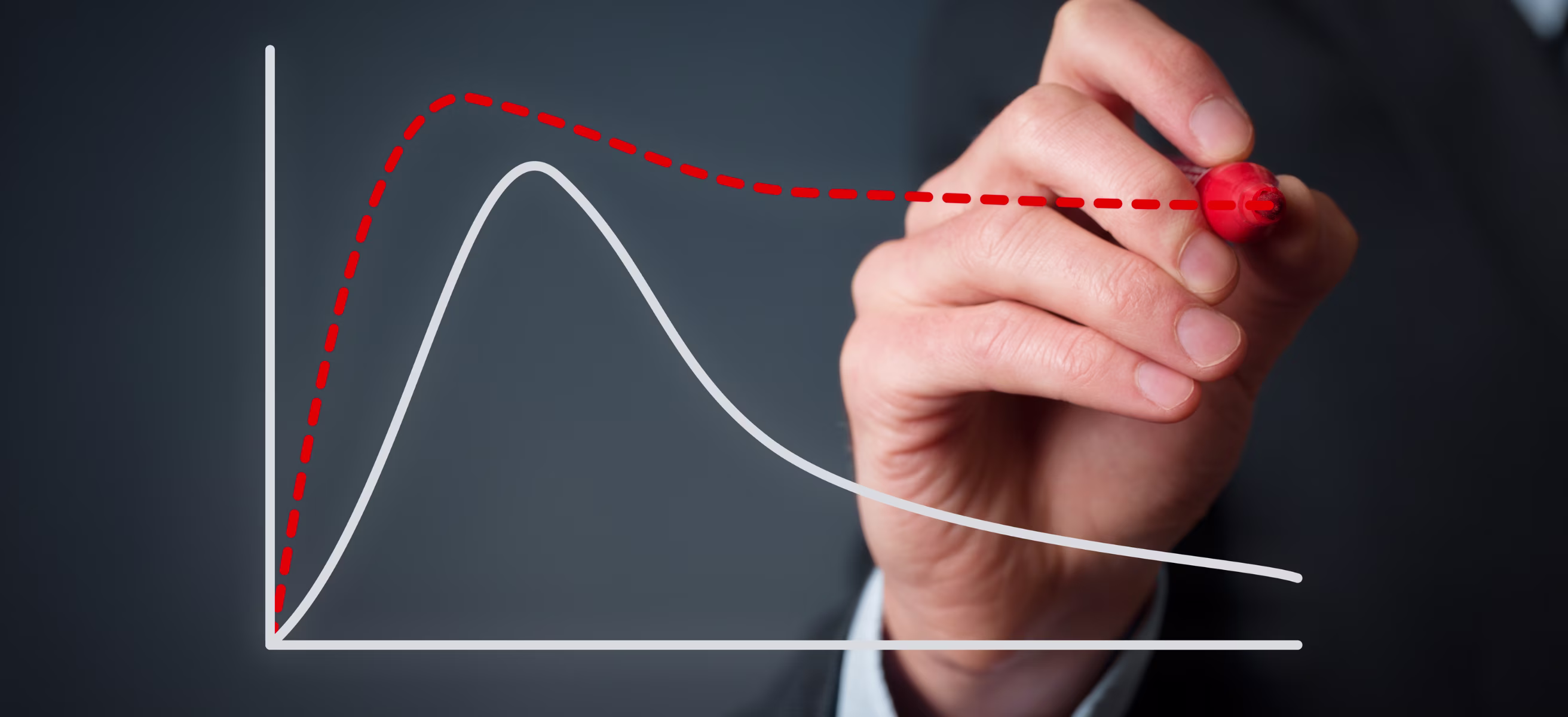 A person in a business suit drawing a red dashed curve on a transparent screen, illustrating a flattened version of a white bell-shaped curve on a graph. Concept of curve flattening, data trends, or intervention impact.