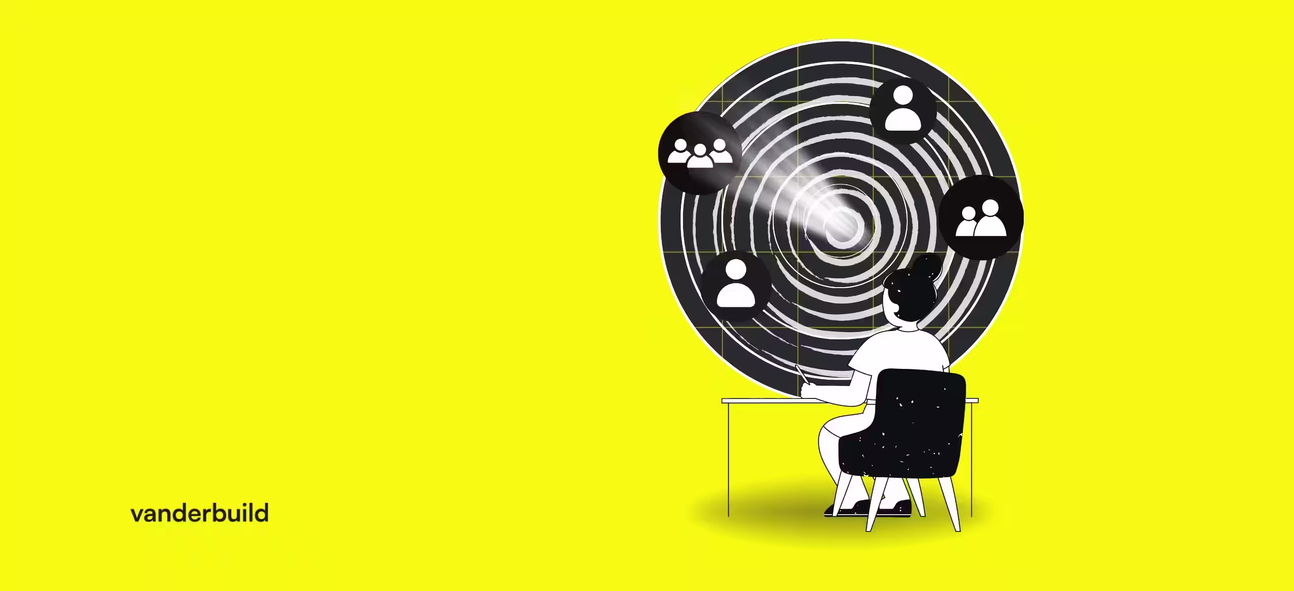 Illustration representing Total Addressable Market (TAM) analysis. A person at a desk evaluates market potential, symbolized by a target and user icons on a yellow background.