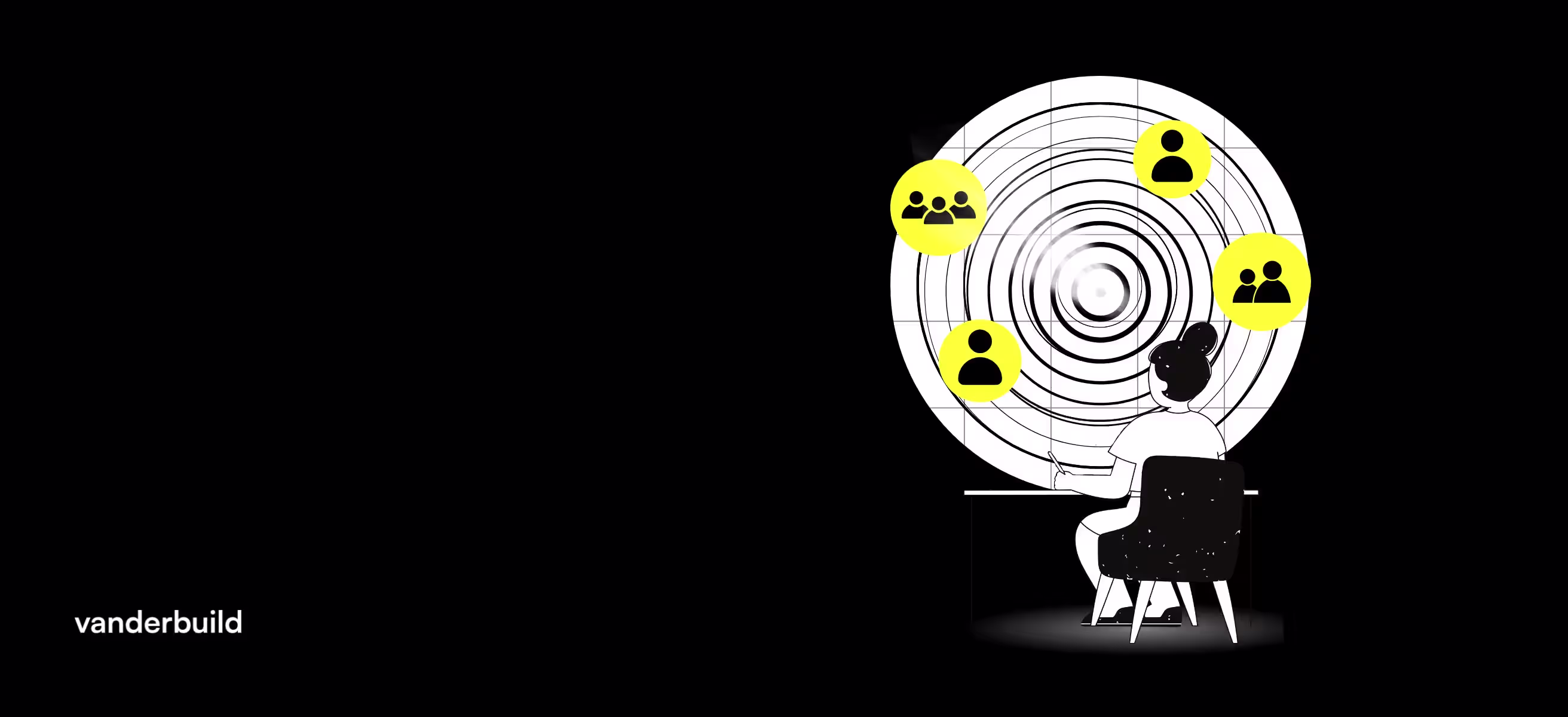 Illustration representing Total Addressable Market (TAM) analysis. A person at a desk evaluates market potential, symbolized by a target and user icons on a yellow background.