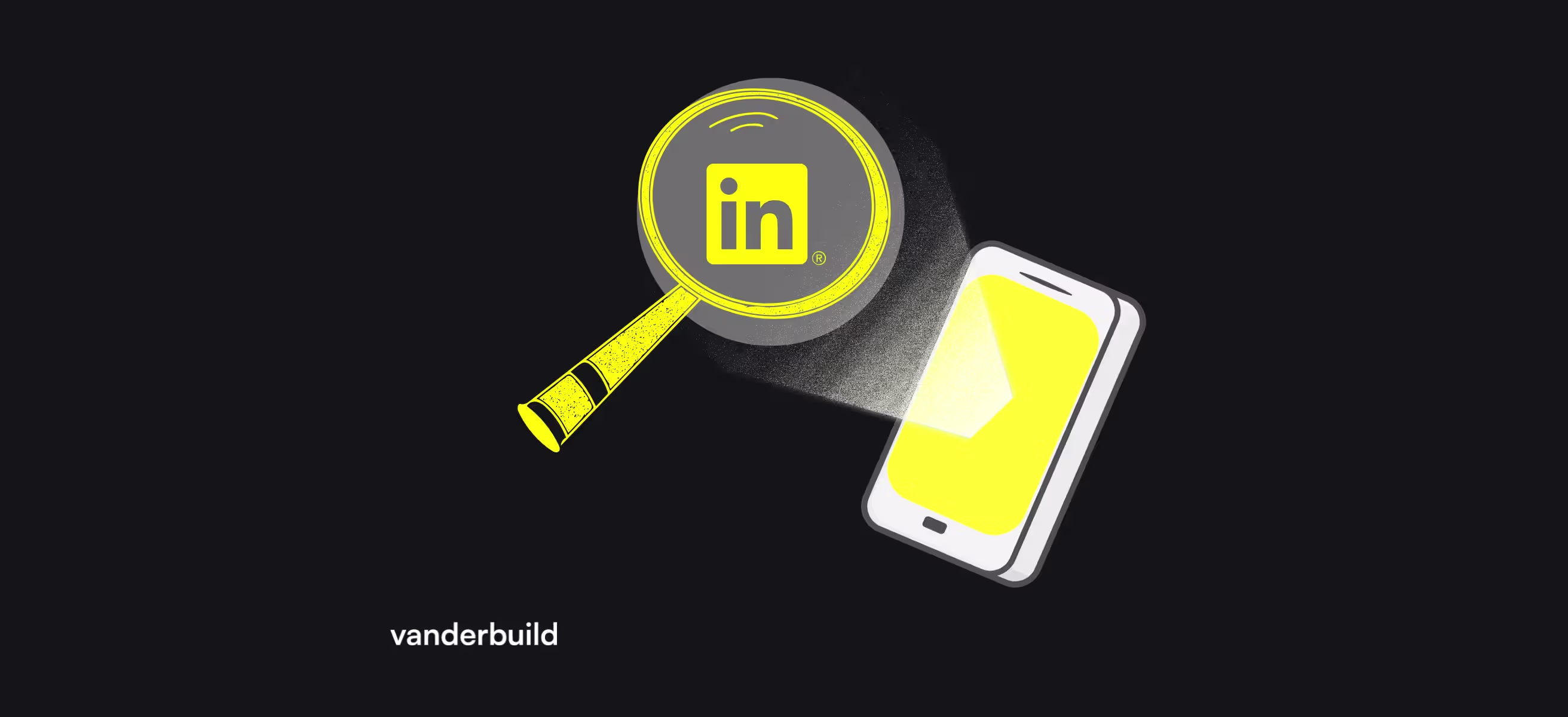 A smartphone with a glowing screen and a magnifying glass focusing on the yellow LinkedIn logo over a black background, symbolizing business networking search.