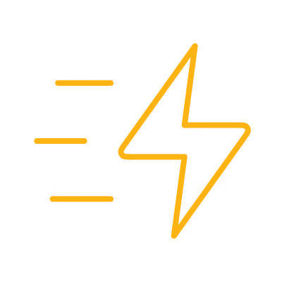 Yellow lightning bolt with three horizontal speed lines on a black background symbolizing fast charging.