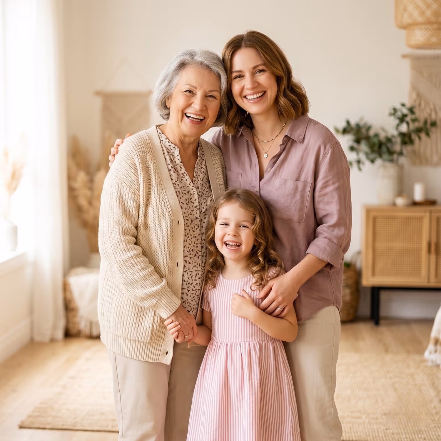 Three generations of smiling women—grandmother, mother, and daughter—standing and embracing indoors.