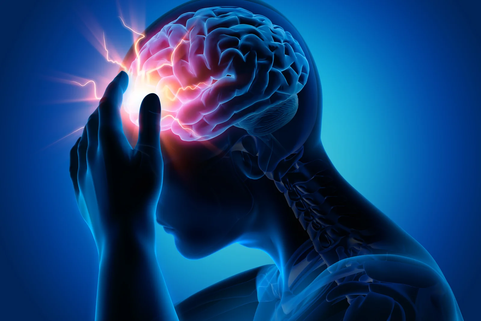 Illustration 3D d'une tête tenue par la main, cerveau avec impact lumineux: commotion cérébrale traitée en physiothérapie