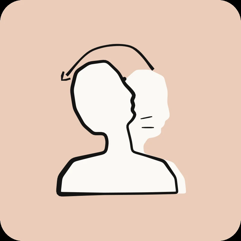 Illustration d'une tête en rotation du cou, flèche courbée, guide « Entorse Cervicale » en physiothérapie Physioactif