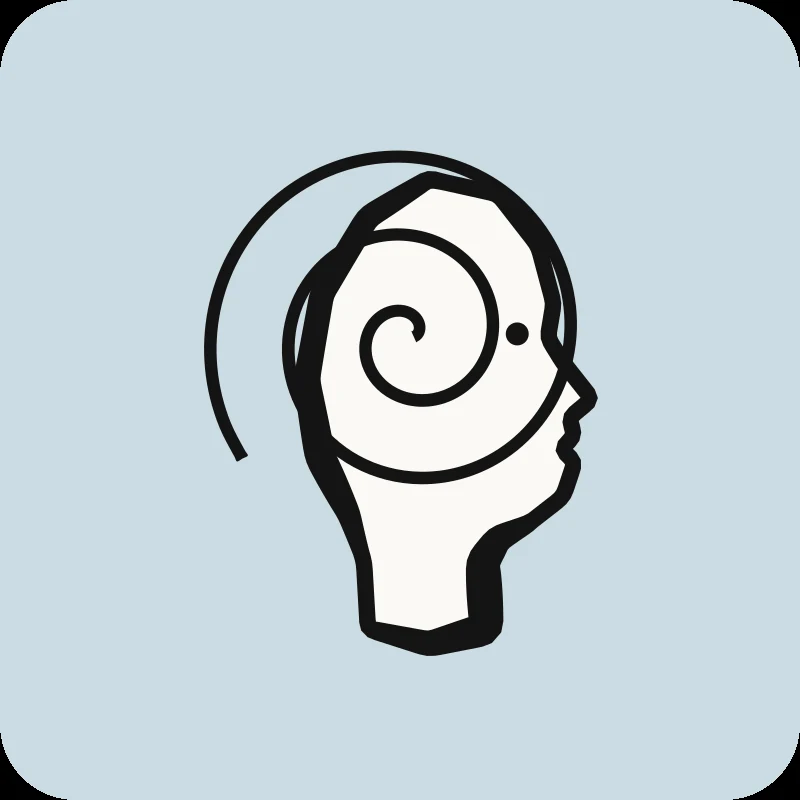 Illustration de profil d'une tête avec spirale, guide « Vertiges et étourdissements » en physiothérapie Physioactif