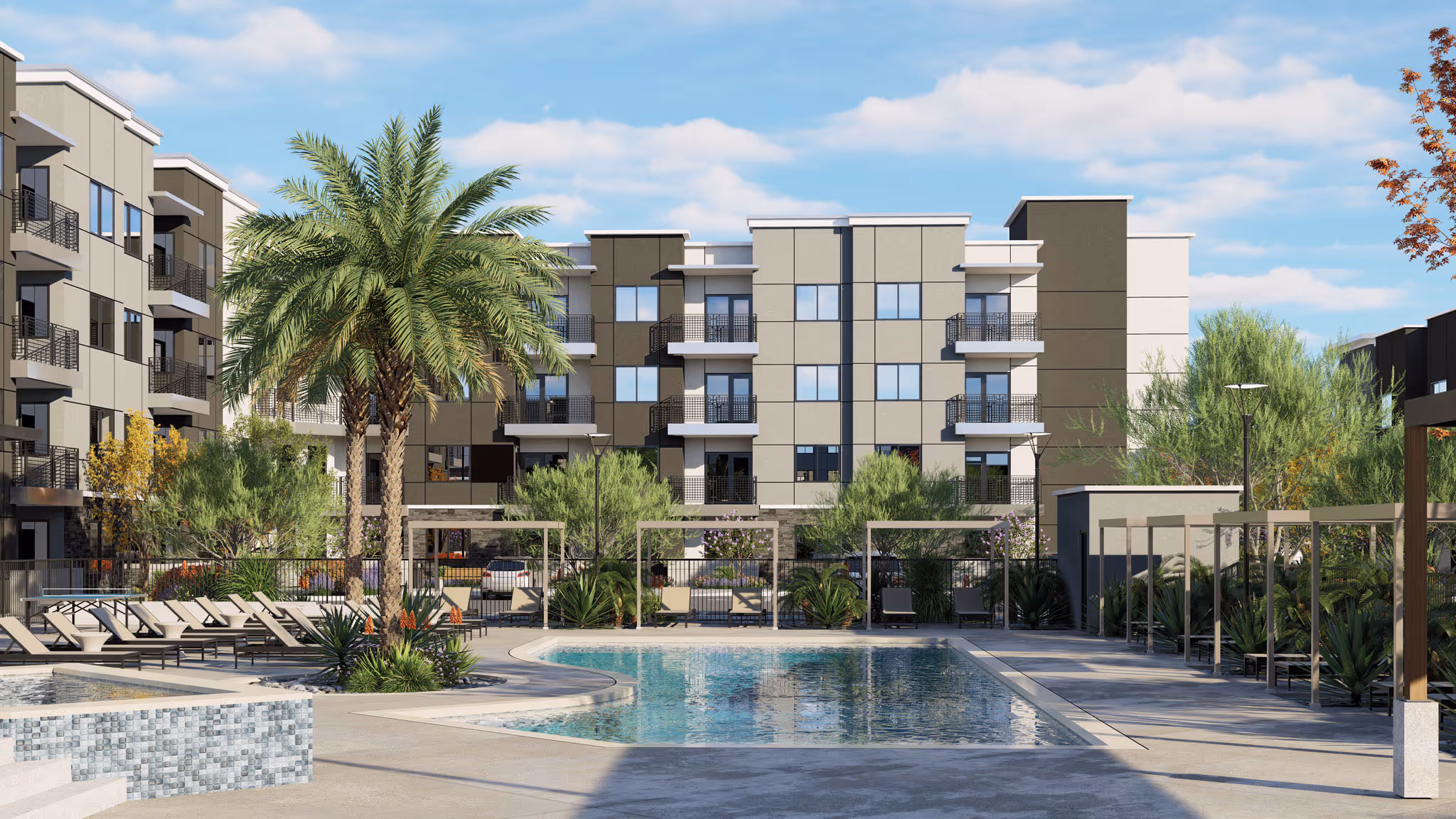 Rendering of the community swimming pool with surrounding residential buildings, lounge chairs, and palm trees at Avondale Commons in Avondale, AZ.