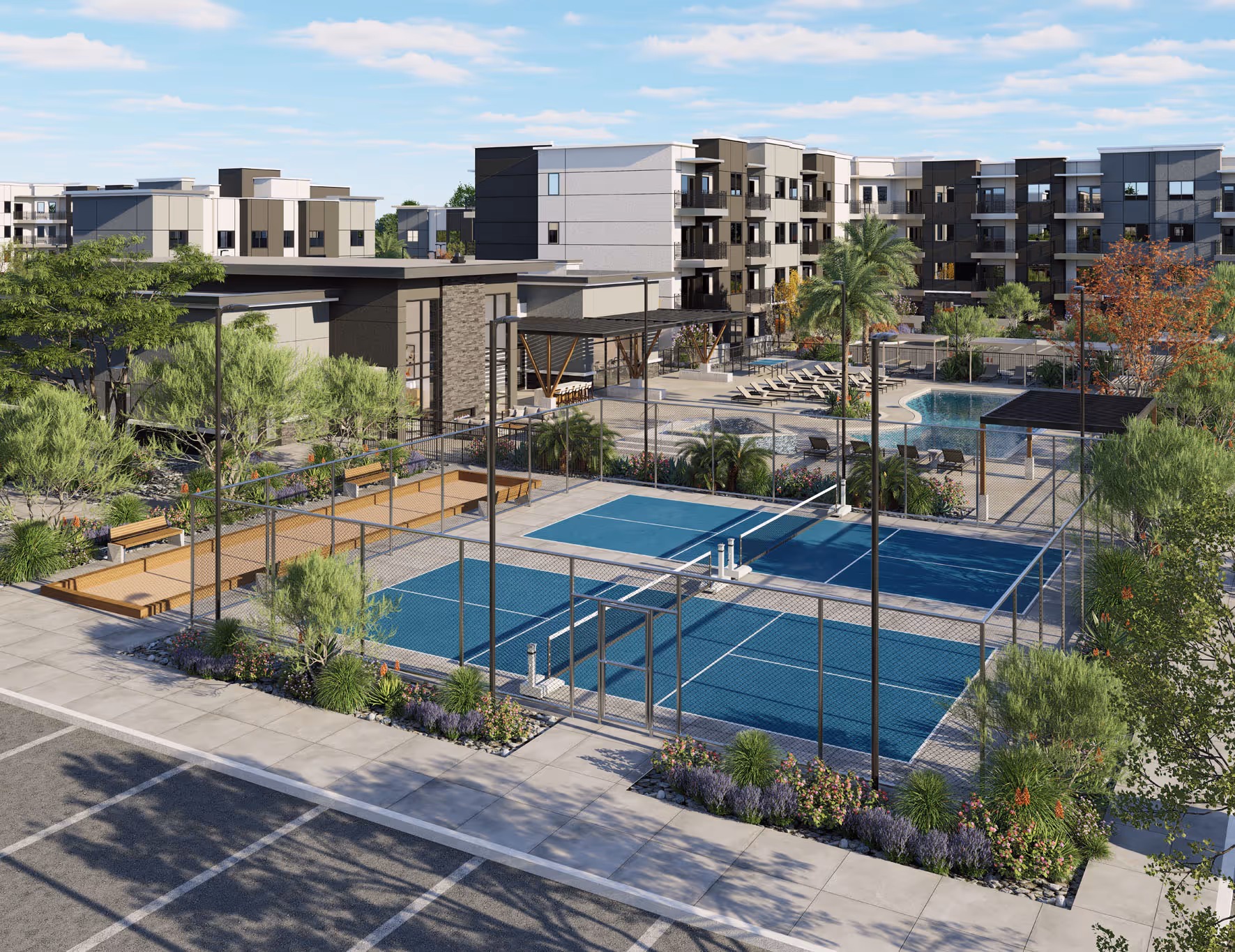 Rendering of the community pickleball courts with benches and landscaping, adjacent to the pool area at Avondale Commons in Avondale, AZ.