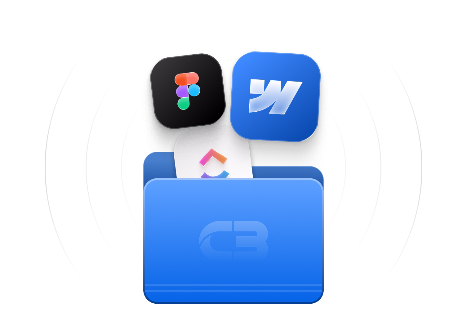 Ein Ordner mit dem CB Solutions Logo, aus dem Icons von Tools kommen (Webflow, Figma, ClickUp)