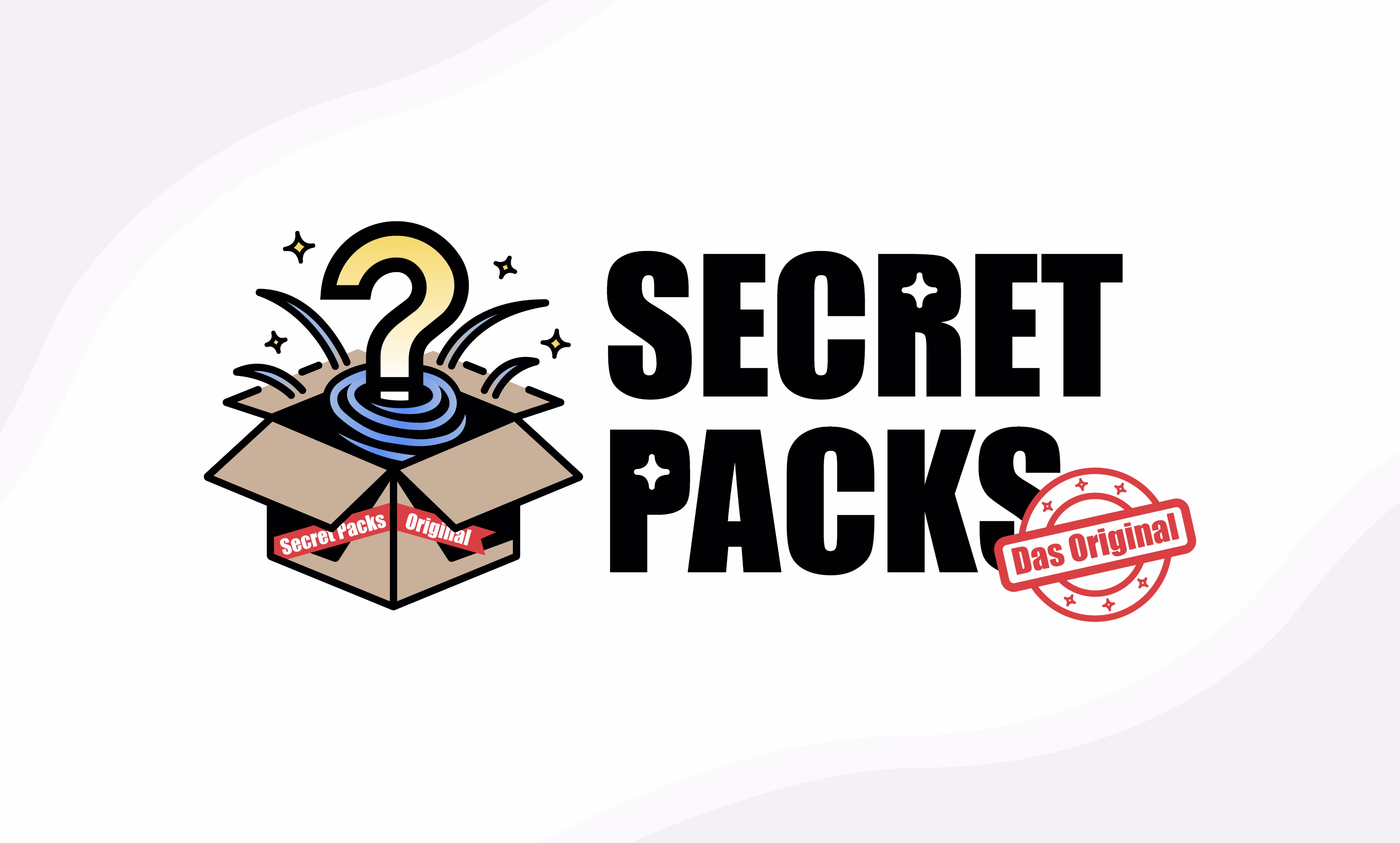 Kunden Logo, welches CB Solutions erstellt hat - Offene Kiste mit einem großen Fragezeichen, Text 'Secret Packs' und rotem Stempel 'Das Original'.