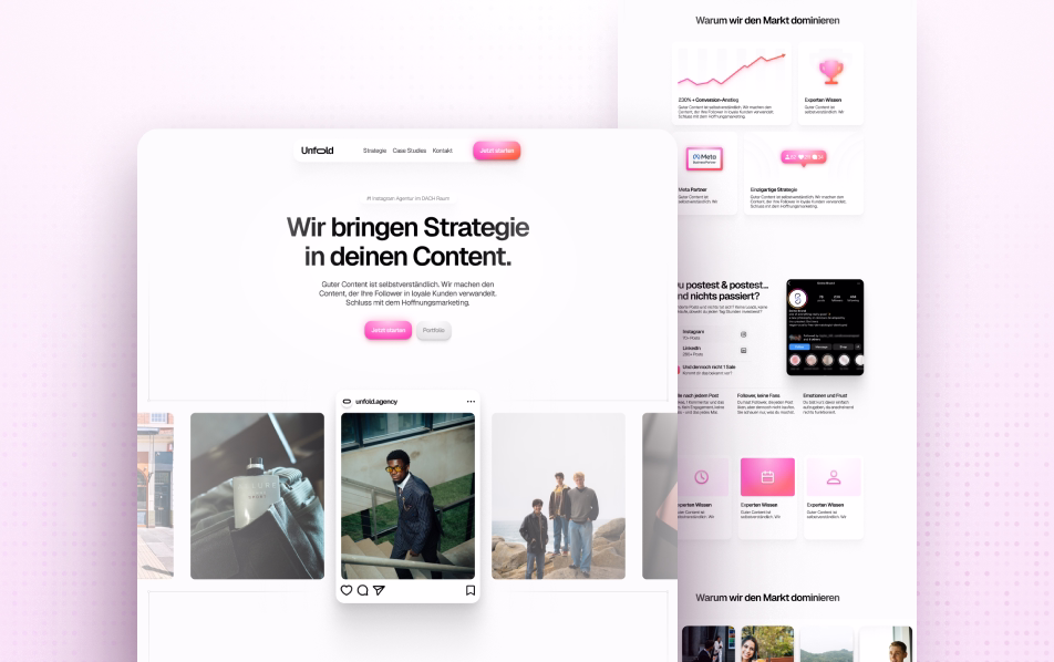 Webseite von Unfold mit der Überschrift 'Wir bringen Strategie in deinen Content' und einer Instagram-Feed-Ansicht darunter.