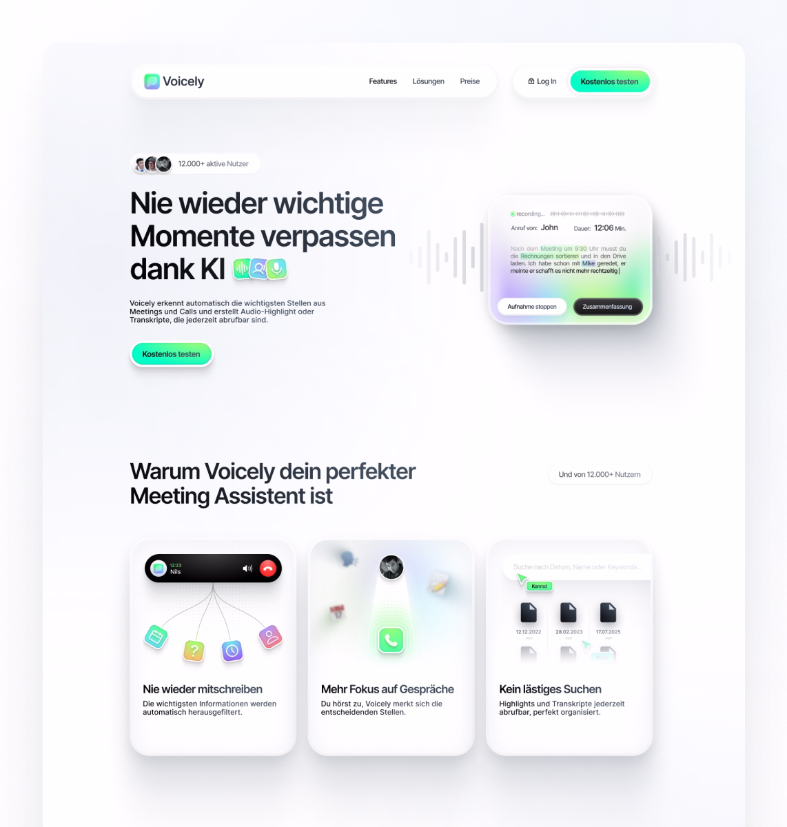 Voicely-Website zeigt KI-gestützten Meeting-Assistenten, der wichtige Momente automatisch erkennt, mit Funktionen wie Mitschreiben, Fokus auf Gespräche und einfache Suche.