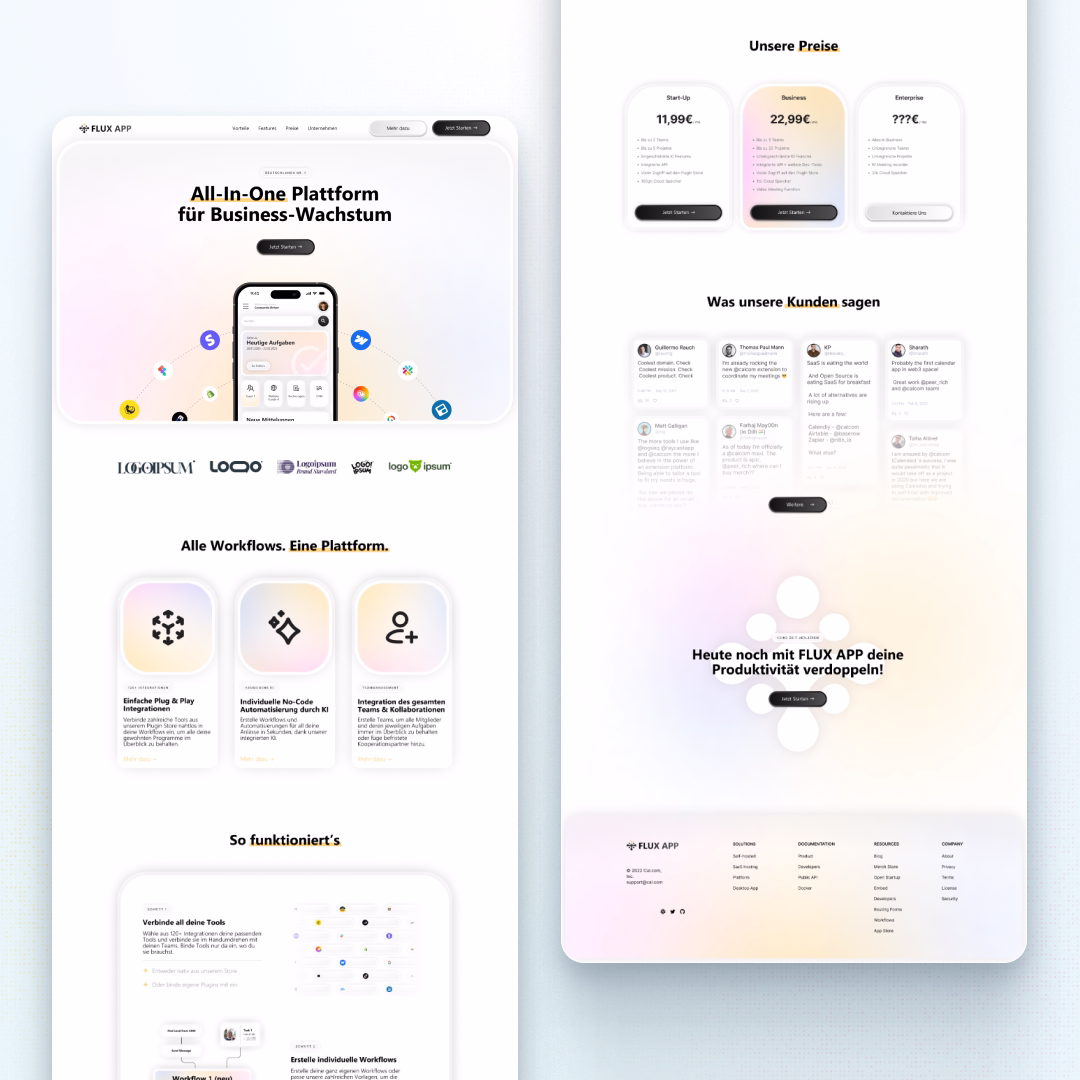 Webseite der FLUX APP präsentiert eine All-in-One Plattform für Business-Wachstum mit Preisen, Kundenbewertungen, Workflow-Integration und Produktivitätssteigerung.