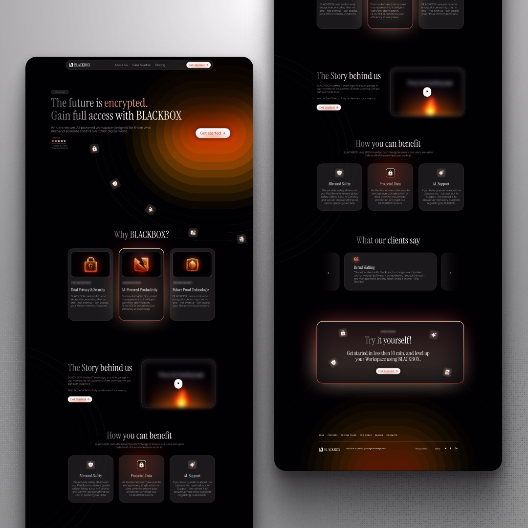 Webseite von BLACKBOX mit dunkeltem Design, die AI-gestützte Workspace-Lösung mit sicherer Verschlüsselung, Datenschutz und KI-Support präsentiert.