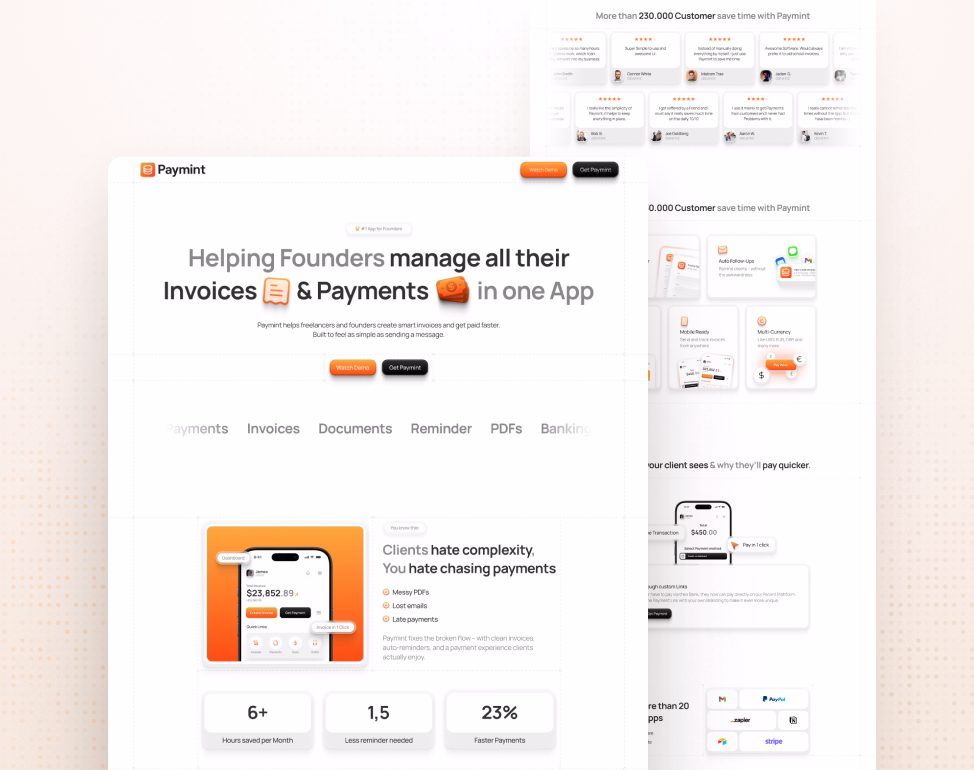 Paymint-App-Startseite zeigt Funktionen zur Verwaltung von Rechnungen und Zahlungen für Gründer mit Vorteilen wie schnellerem Zahlungseingang und weniger Erinnerungen.