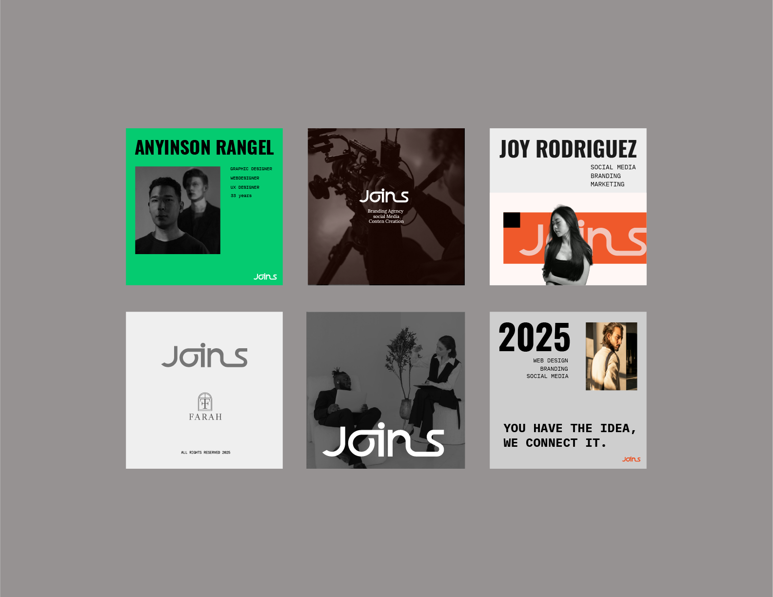 Six lifestyle photos featuring the Joins logo