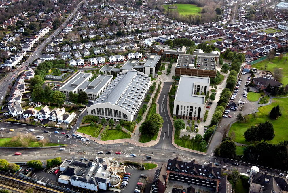 View over Balmoral area, highlighting residential streets and the iconic King’s Hall event venue.