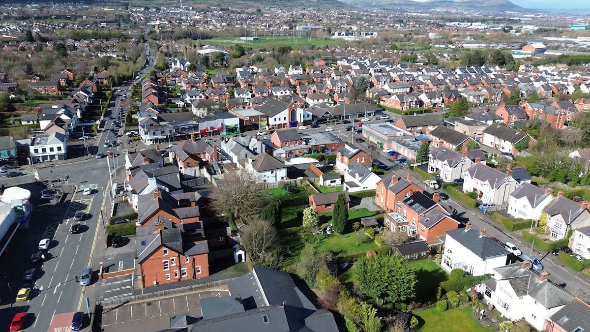 Bird’s-eye view of Finaghy, depicting a mix of residential streets and suburban surroundings in South Belfast.