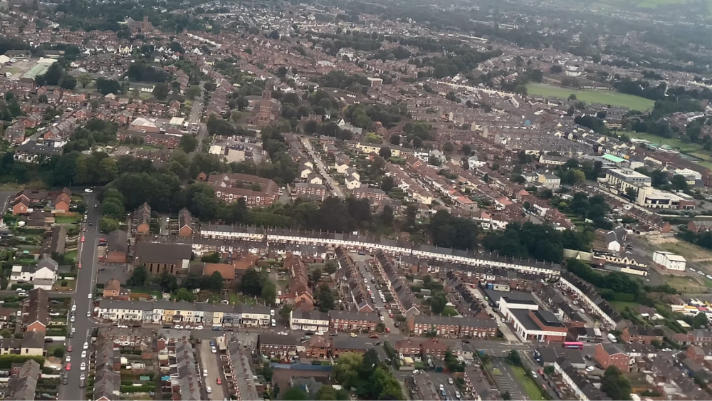 Overhead view of Strandtown in East Belfast, highlighting rows of homes nestled in a well-established residential area.