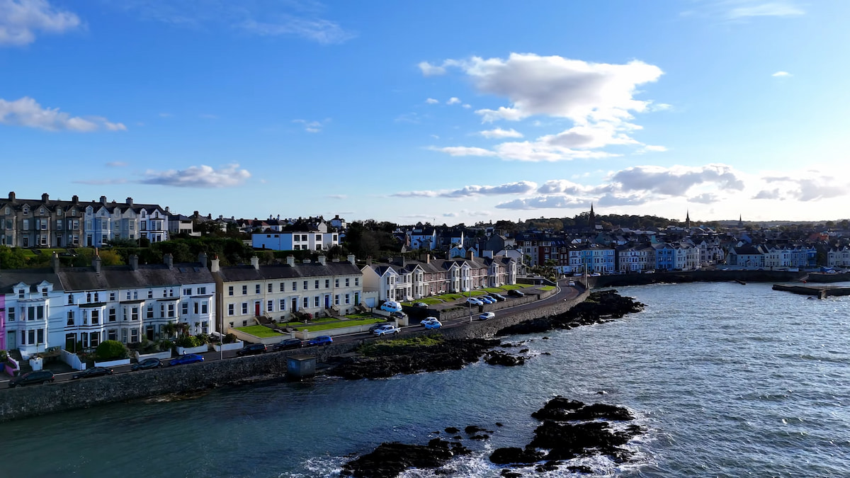 Panoramic view of Bangor, featuring coastal neighborhoods and waterfront areas.