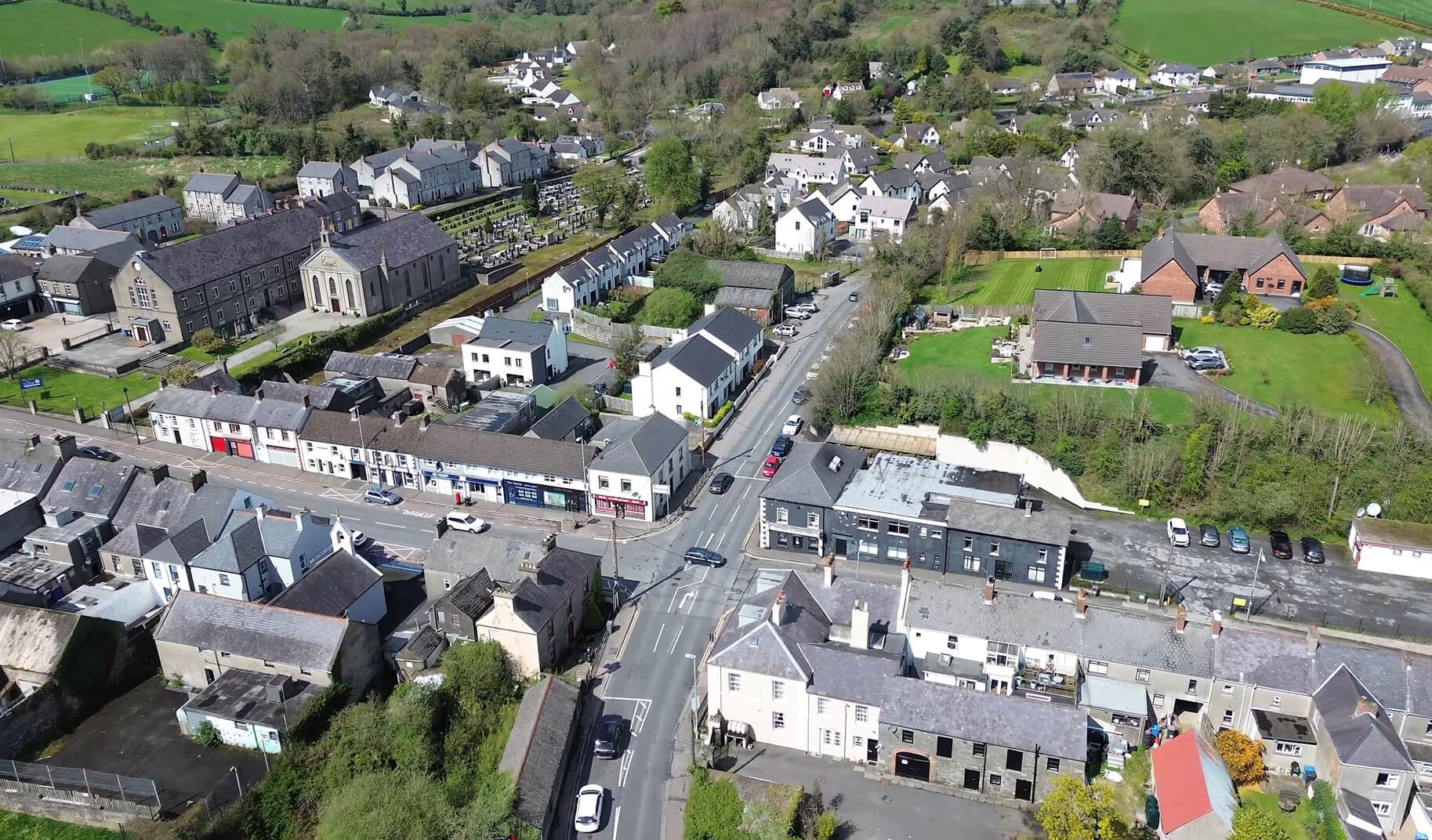 View of Saintfield village and the surrounding County Down countryside.