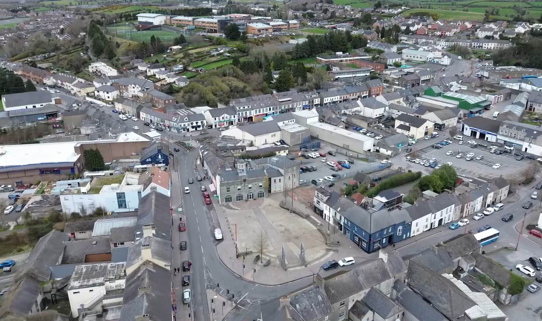 View of Ballynahinch town centre and surrounding County Down countryside.
