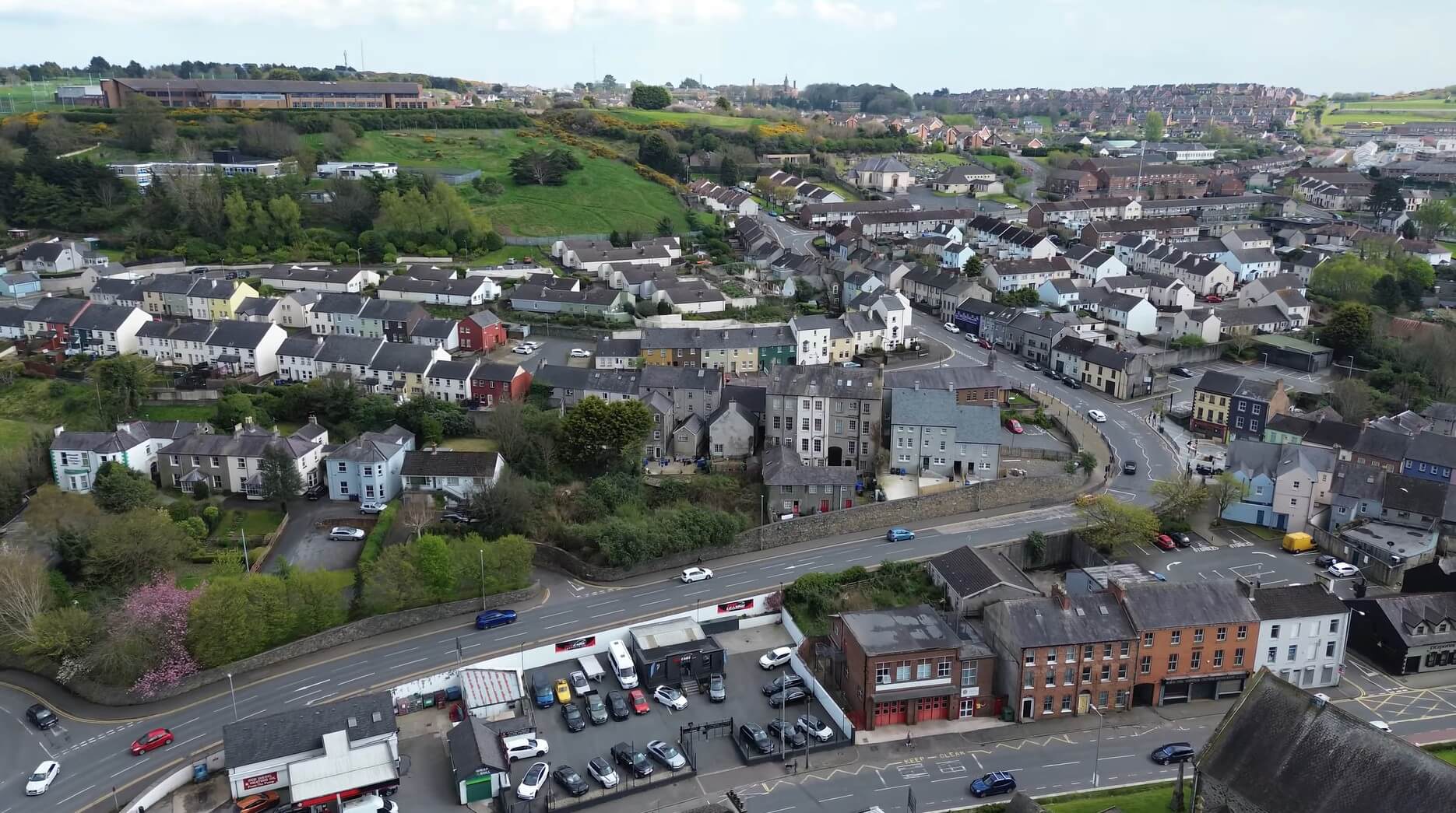 View over Downpatrick, showing Down Cathedral and the surrounding County Down countryside.