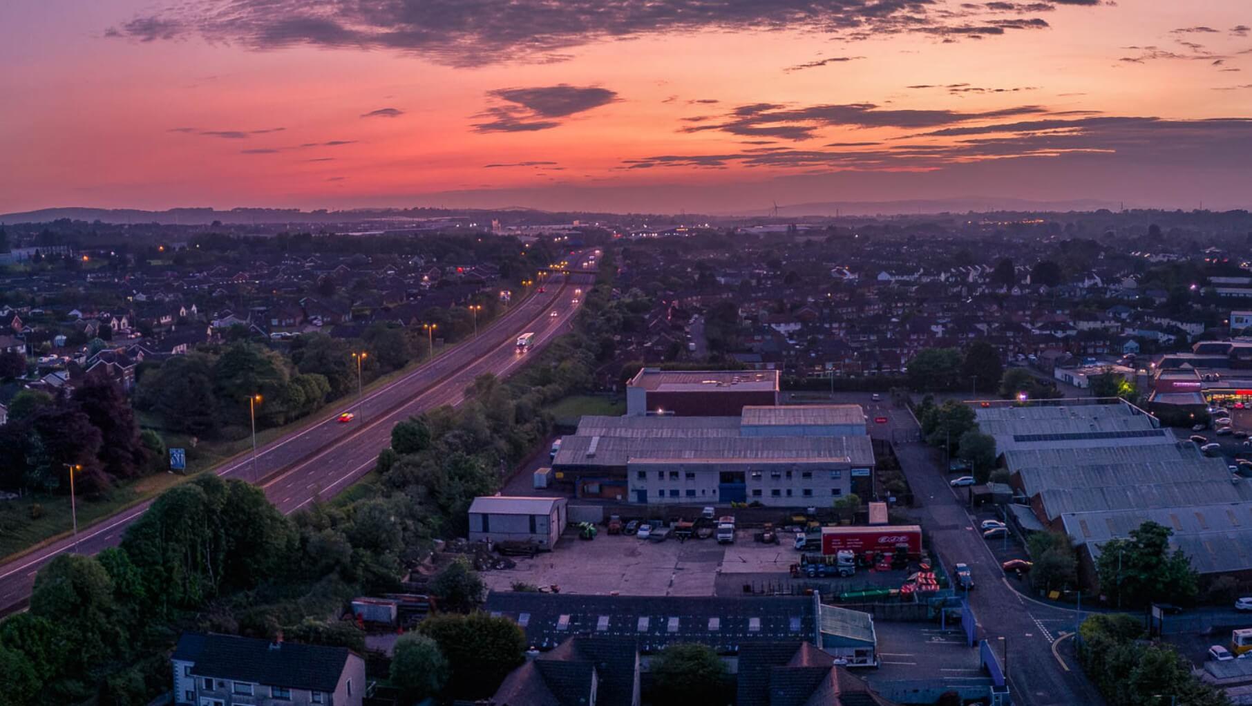 Aerial view of residential streets in Glengormley and Newtownabbey.