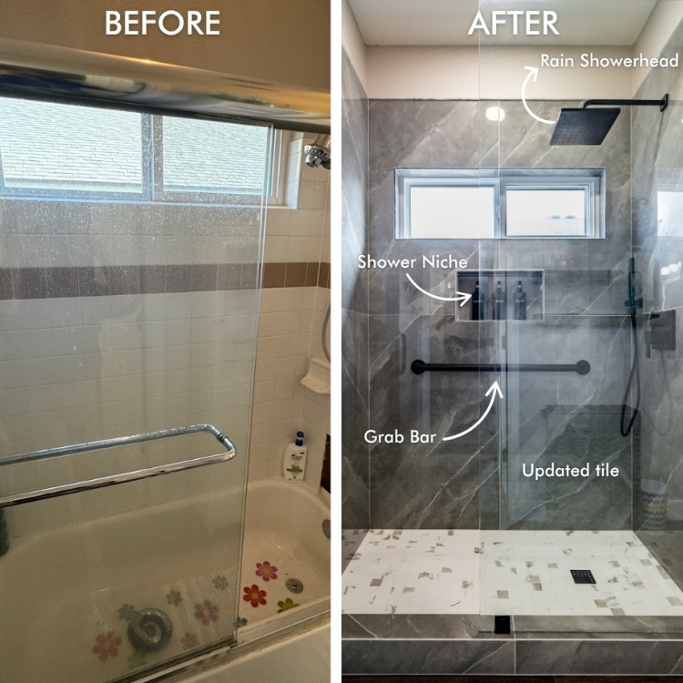 Before and after photo of bathroom remodel