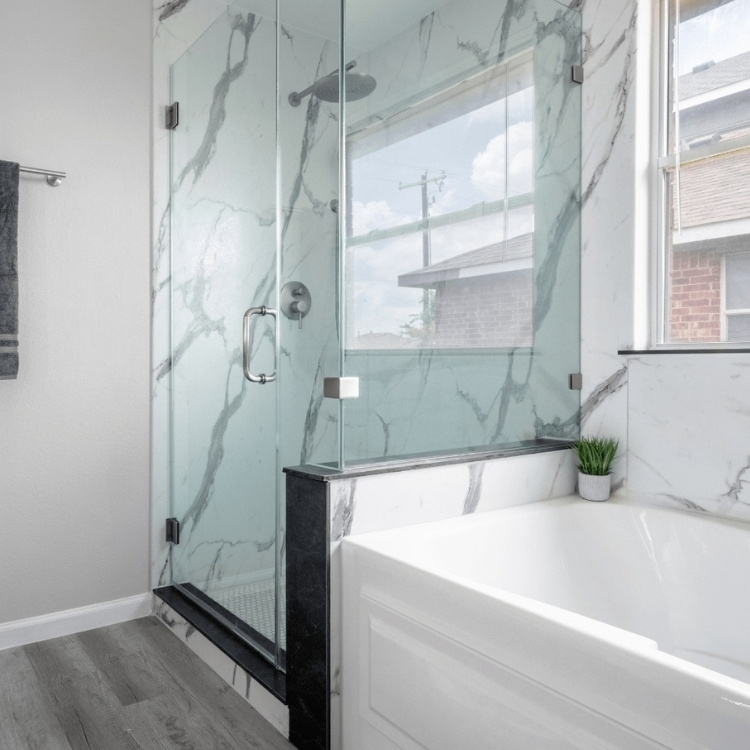 Glass shower in bathroom