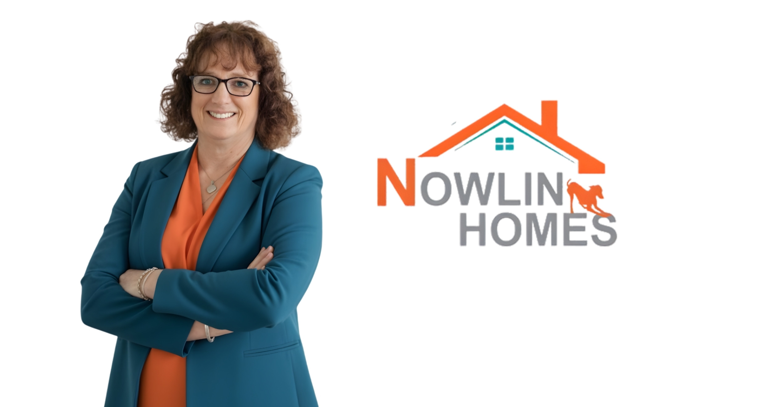 Headshot of Janet Nowlin with Nowlin Homes logo