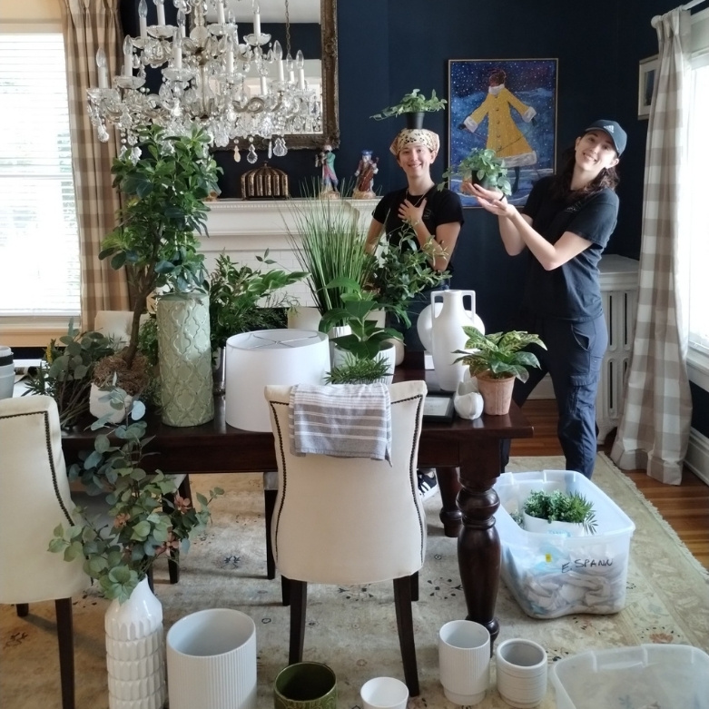 Ellen Rae Spaces team in living room working with plants