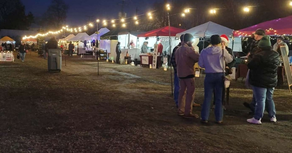 Farmers market at night with lights