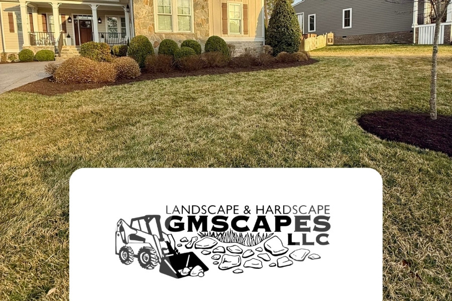 House in background with GM Scapes Logo in foreground