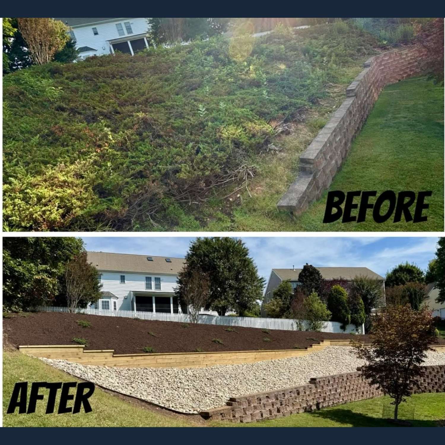 before and after photo of landscaping with retainer wall