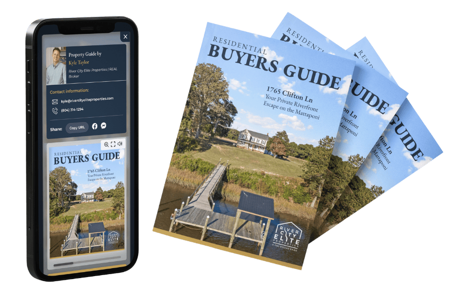 Iphone angled to the right with print magazines of buyer guides stacked in a 3 count