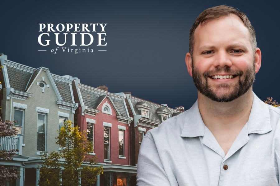 headshot of Jake Anderson in the foreground with a row of homes in the background and Property Guide of Virginia logo on a blue background