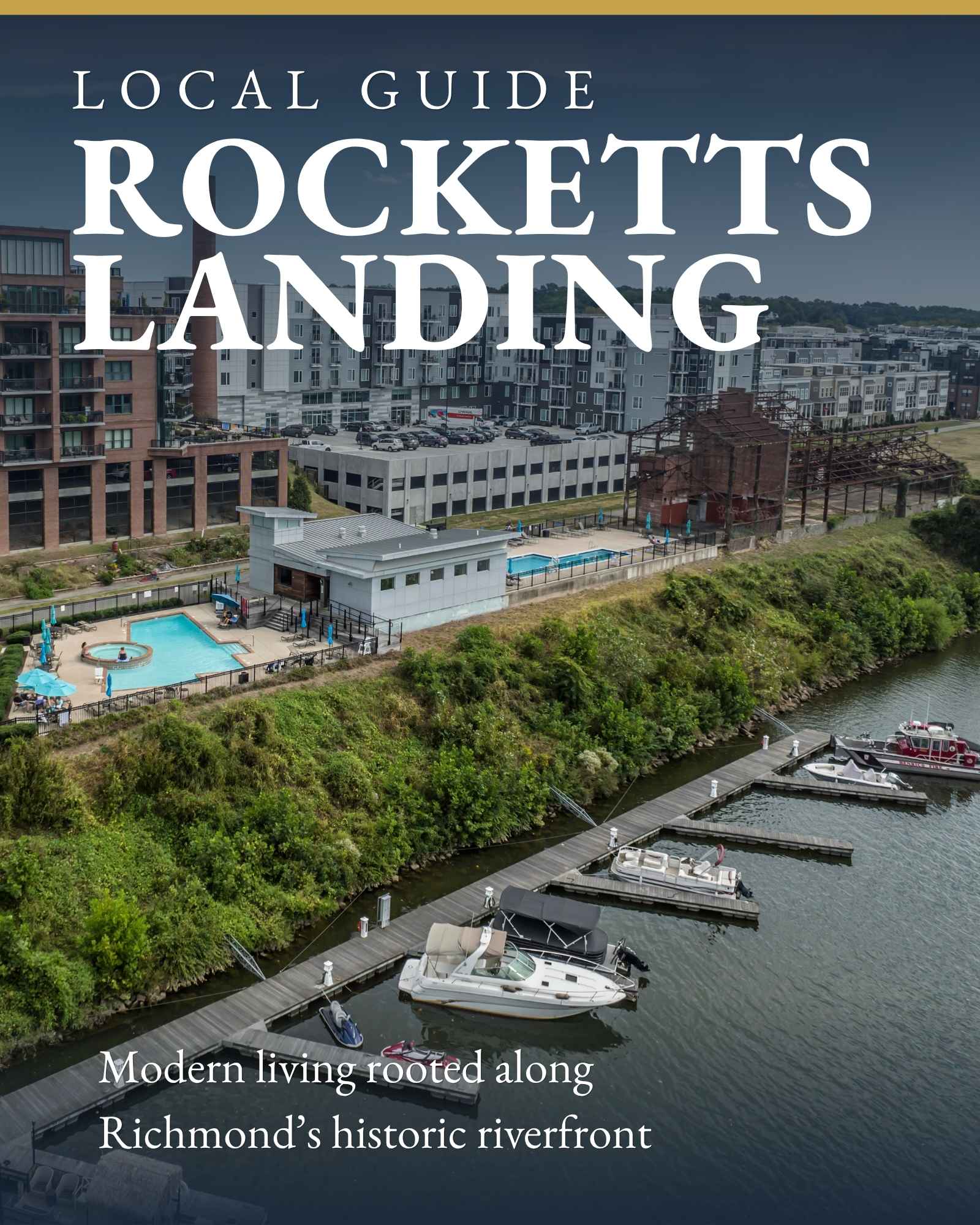 photo of riverfront apartments and condos with boats at a dock on the James River