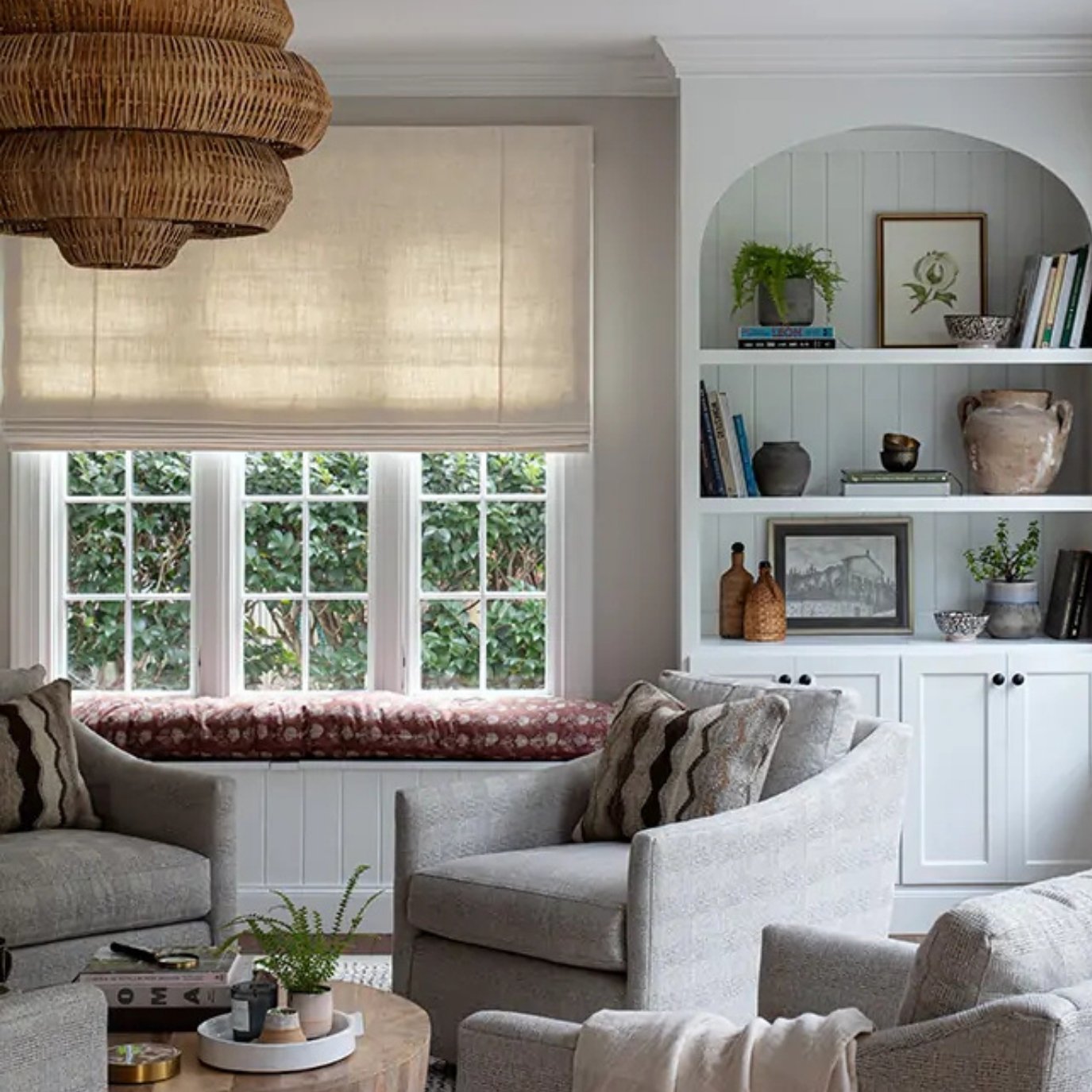 Living room with blinds half way raised