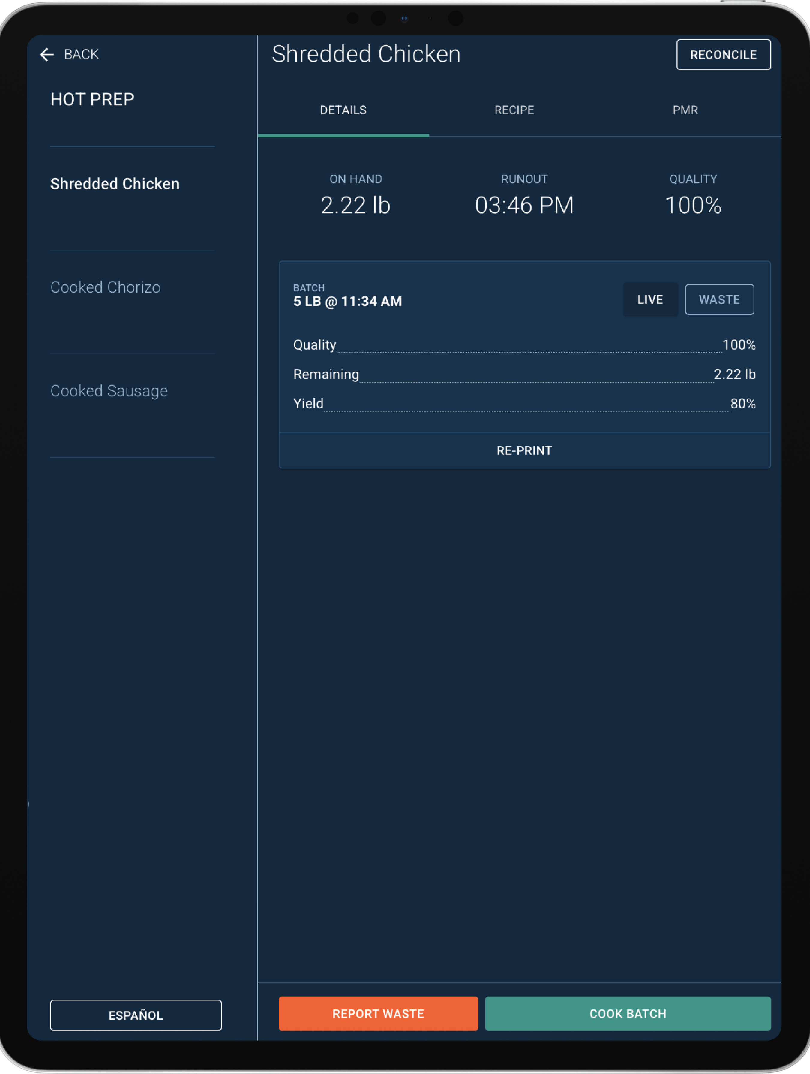 Tablet screen displaying a food prep app with details for shredded chicken including on hand weight 2.22 lb, runout time 03:46 PM, and quality 100%. Batch of 5 lb prepared at 11:34 AM with remaining 2.22 lb and 80% yield. Options to report waste or cook batch.
