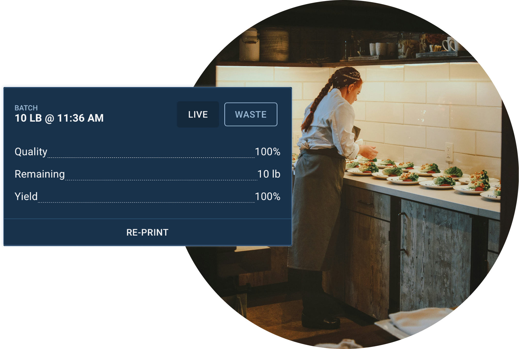 Chef in a white shirt and grey apron preparing plated dishes on a kitchen counter with a blue batch status overlay showing 10 lb at 11:36 AM, quality 100%, remaining 10 lb, and yield 100%.