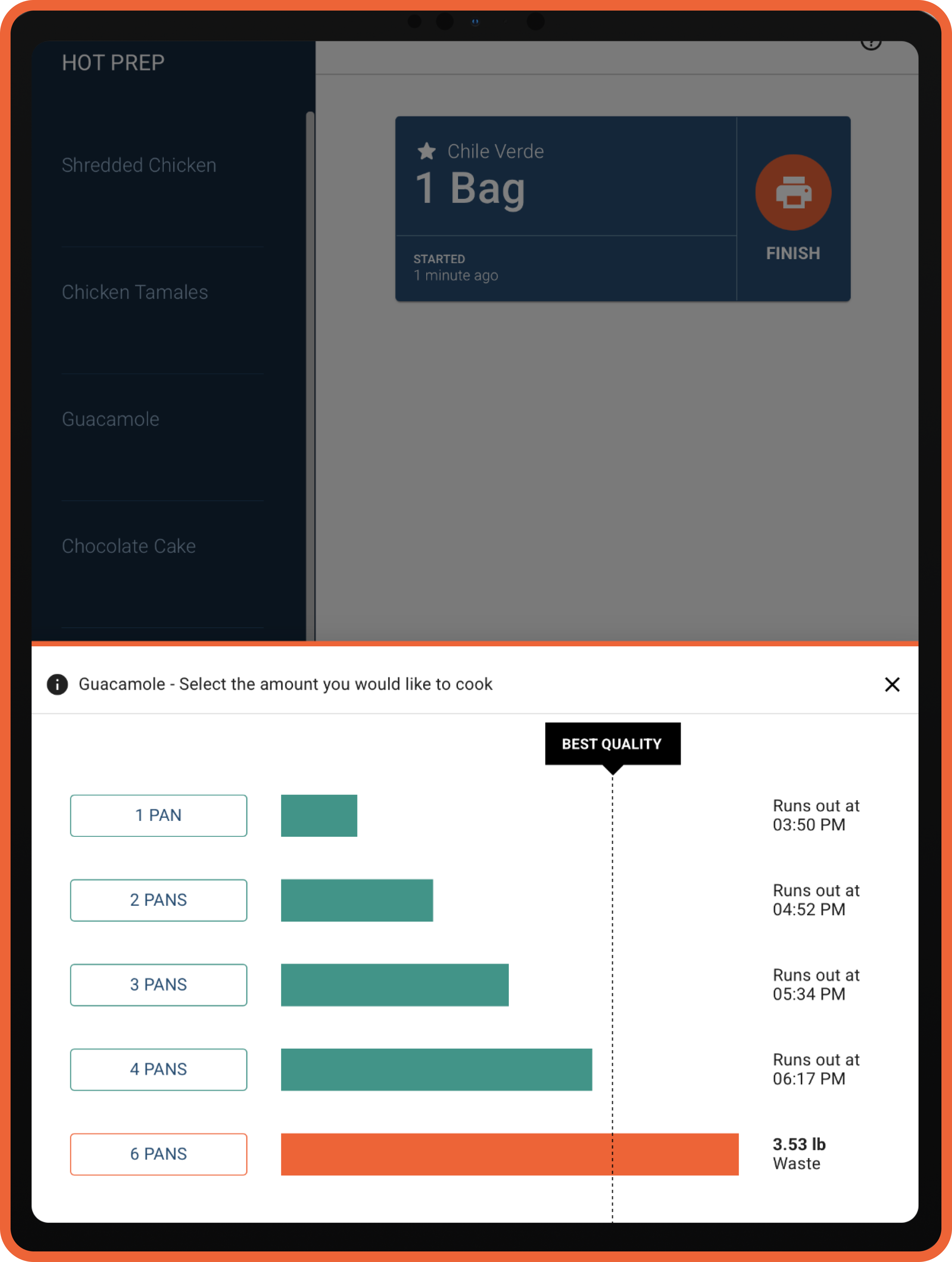 Tablet screen showing hot prep menu and guacamole cooking quantity options from 1 to 6 pans with bars indicating run-out times and waste, highlighting best quality and 3.53 lb waste for 6 pans.