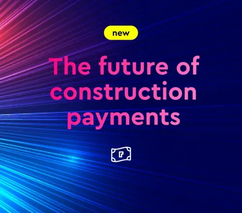 Bright colorful rays of light on dark background with text 'The future of construction payments' and a yellow label reading 'new'.