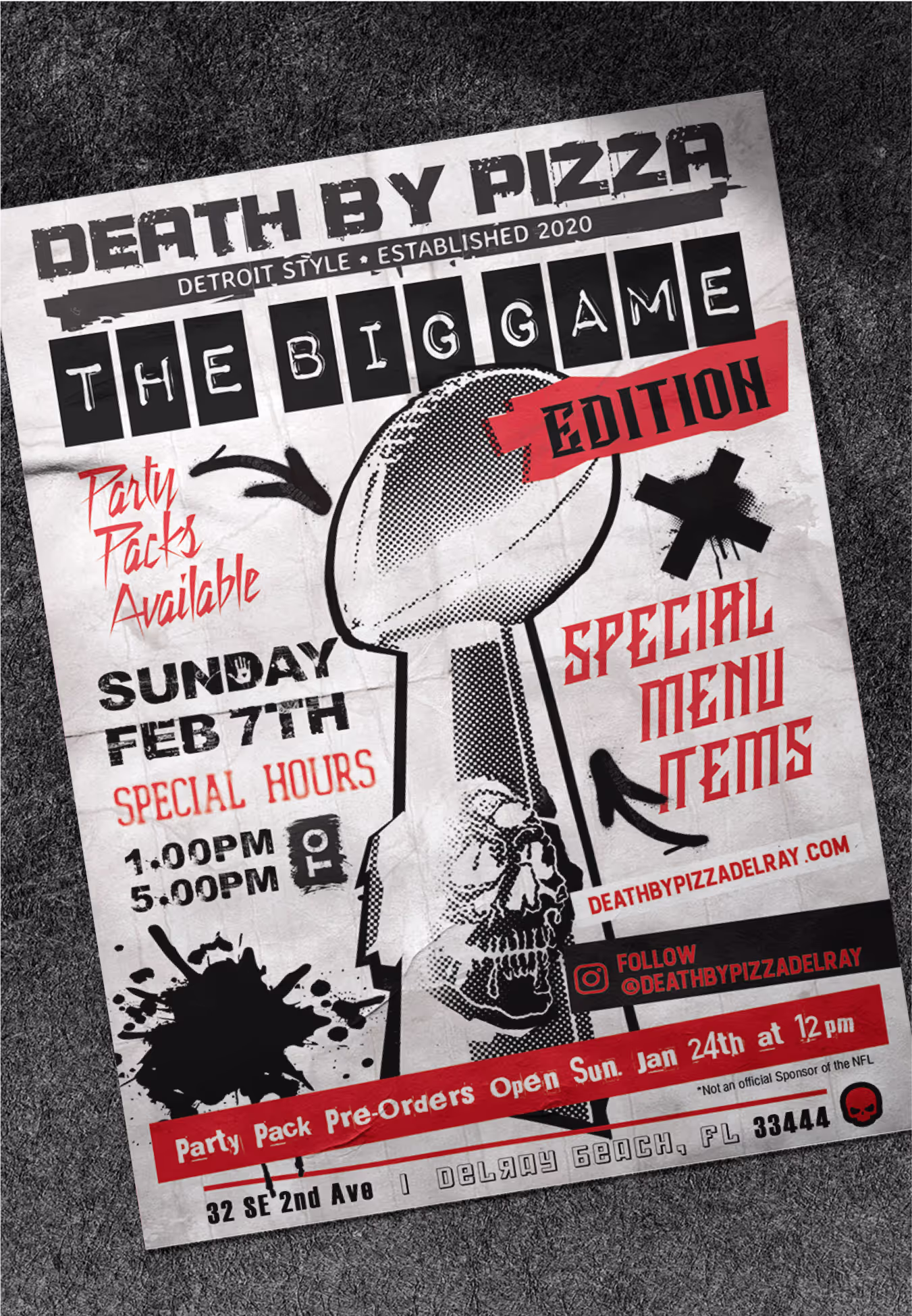 Death By Pizza Super Bowl flyer