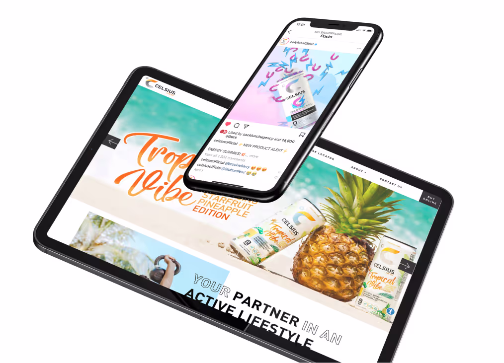 Mockups of Celsius digital assets on iPhone and iPad
